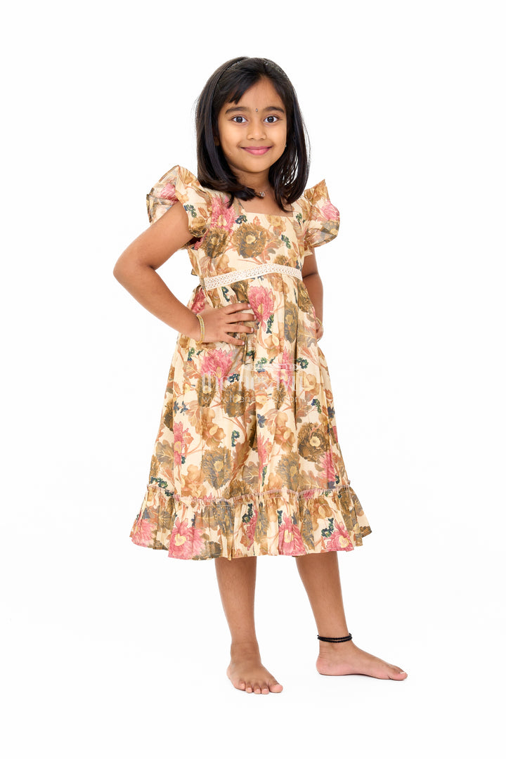 Long Cotton Frock for Girls in Beige Floral Design with Ruffle Details