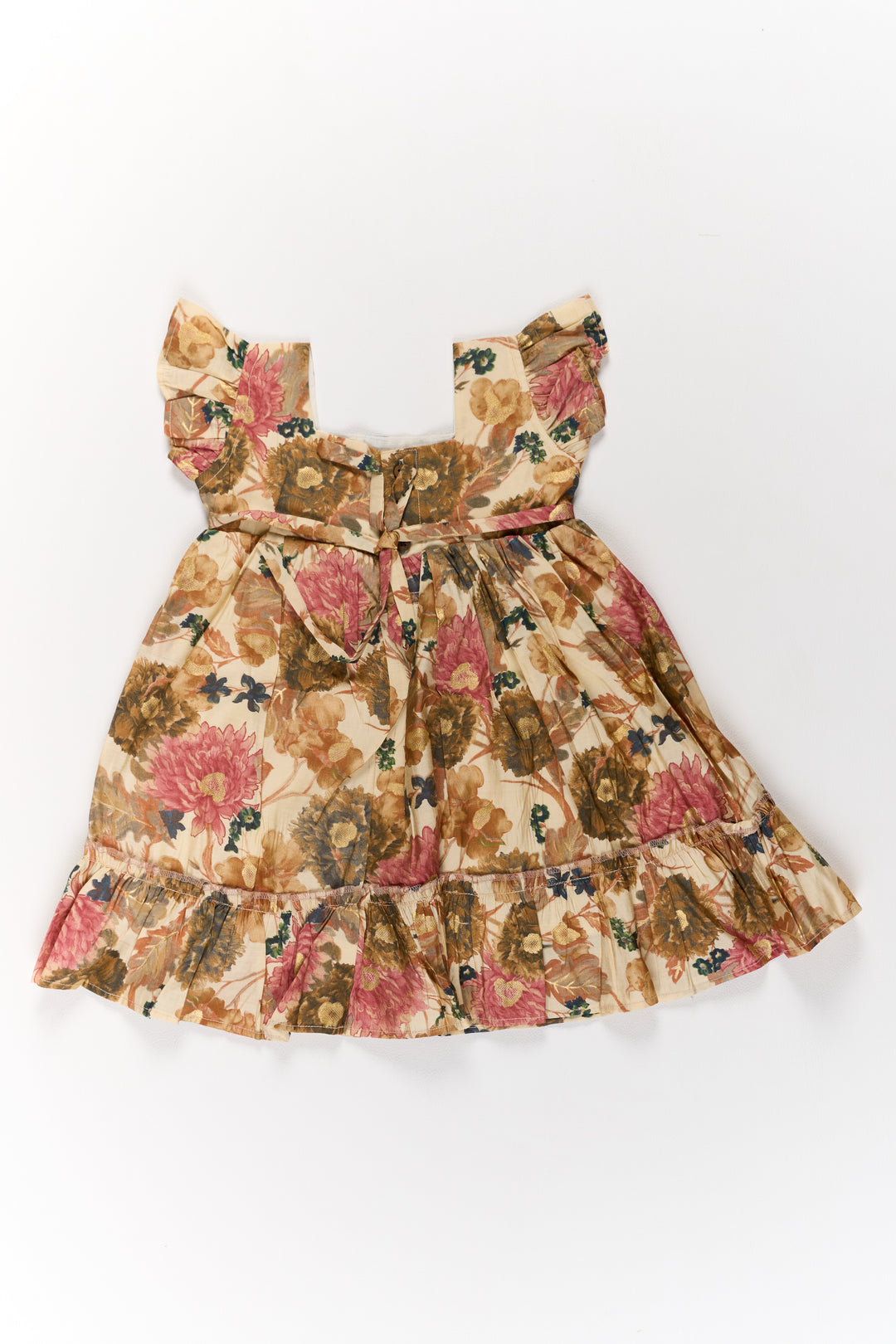 Long Cotton Frock for Girls in Beige Floral Design with Ruffle Details