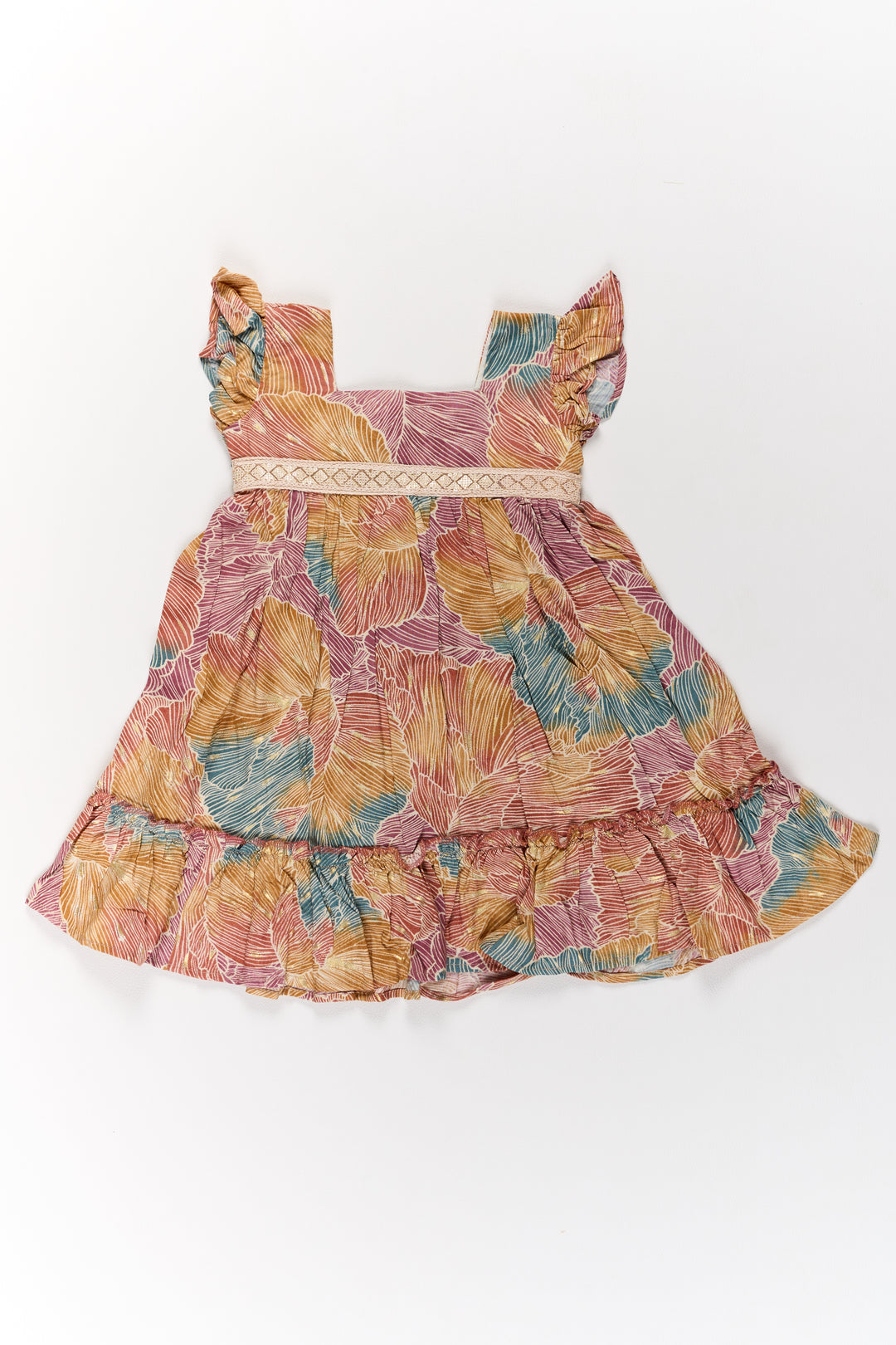 Organza Frock for Girls in Multicolor Leaf Pattern with Flared Design