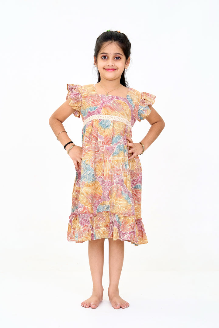 Organza Frock for Girls in Multicolor Leaf Pattern with Flared Design