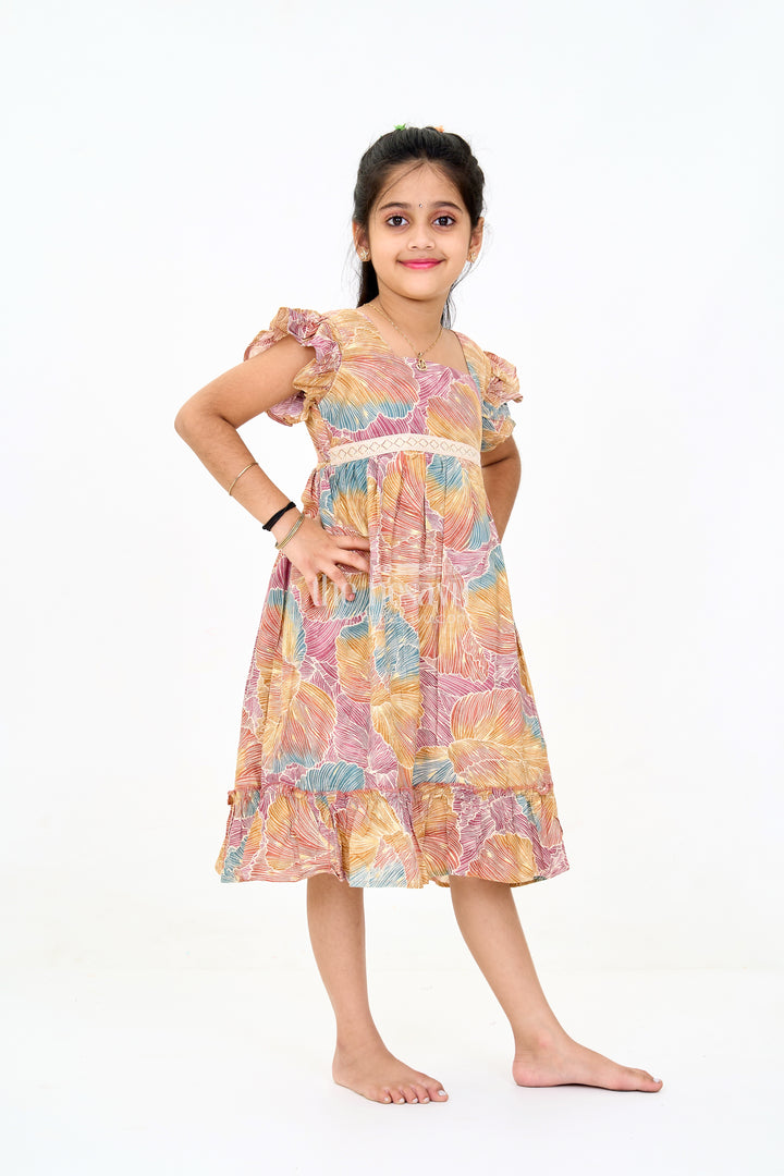 Organza Frock for Girls in Multicolor Leaf Pattern with Flared Design