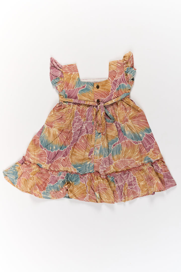 Organza Frock for Girls in Multicolor Leaf Pattern with Flared Design