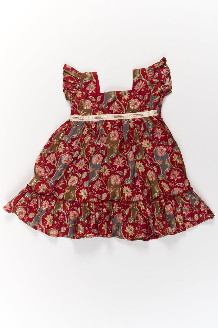 Party Wear Gown for Girls in Red Floral Print with Ruffled Hem