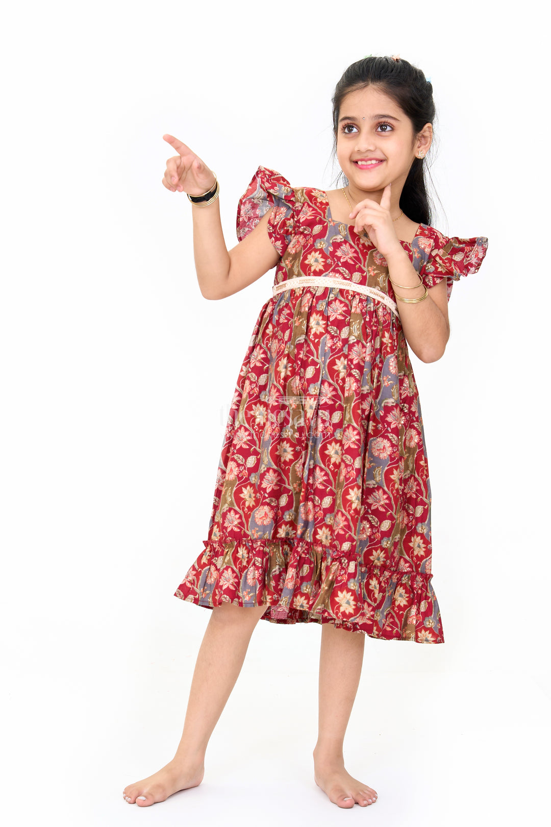 Party Wear Gown for Girls in Red Floral Print with Ruffled Hem