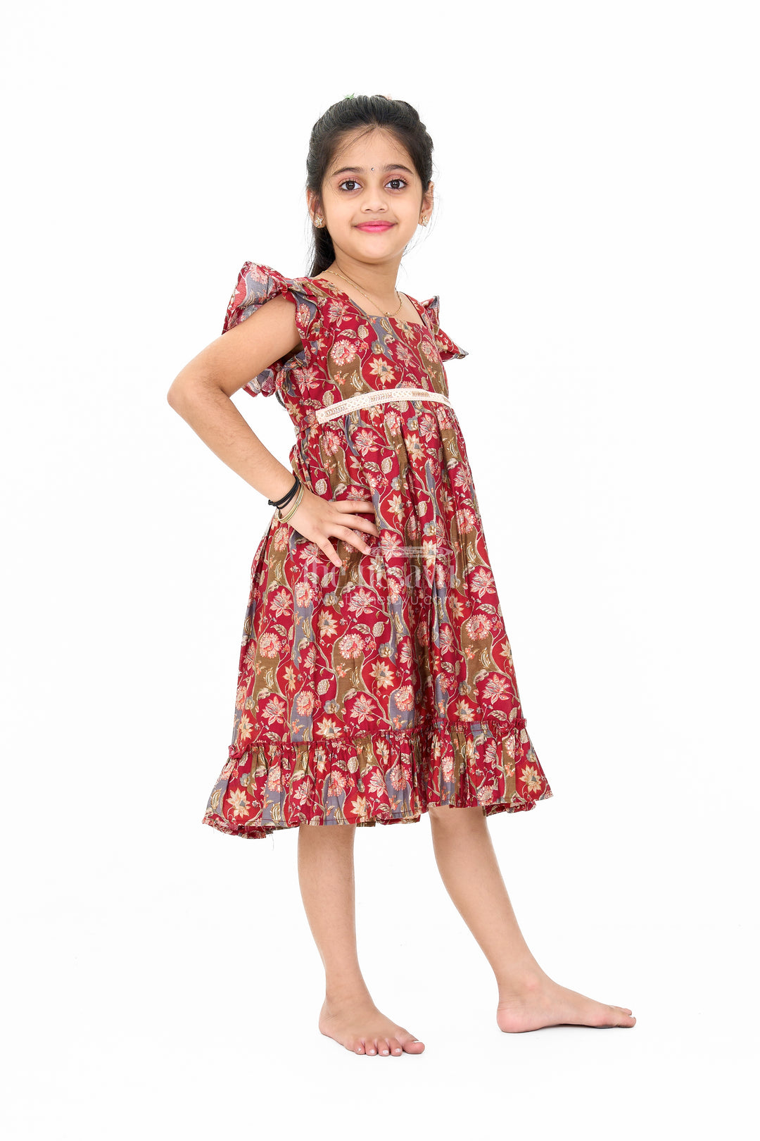 Party Wear Gown for Girls in Red Floral Print with Ruffled Hem