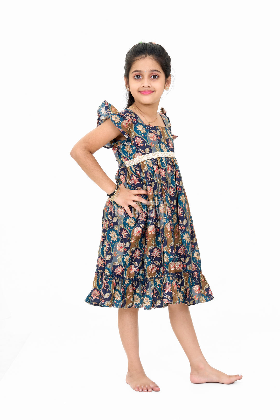 Long Party Wear Gown for Girls with Elegant Black Floral Print and Ruffle Details