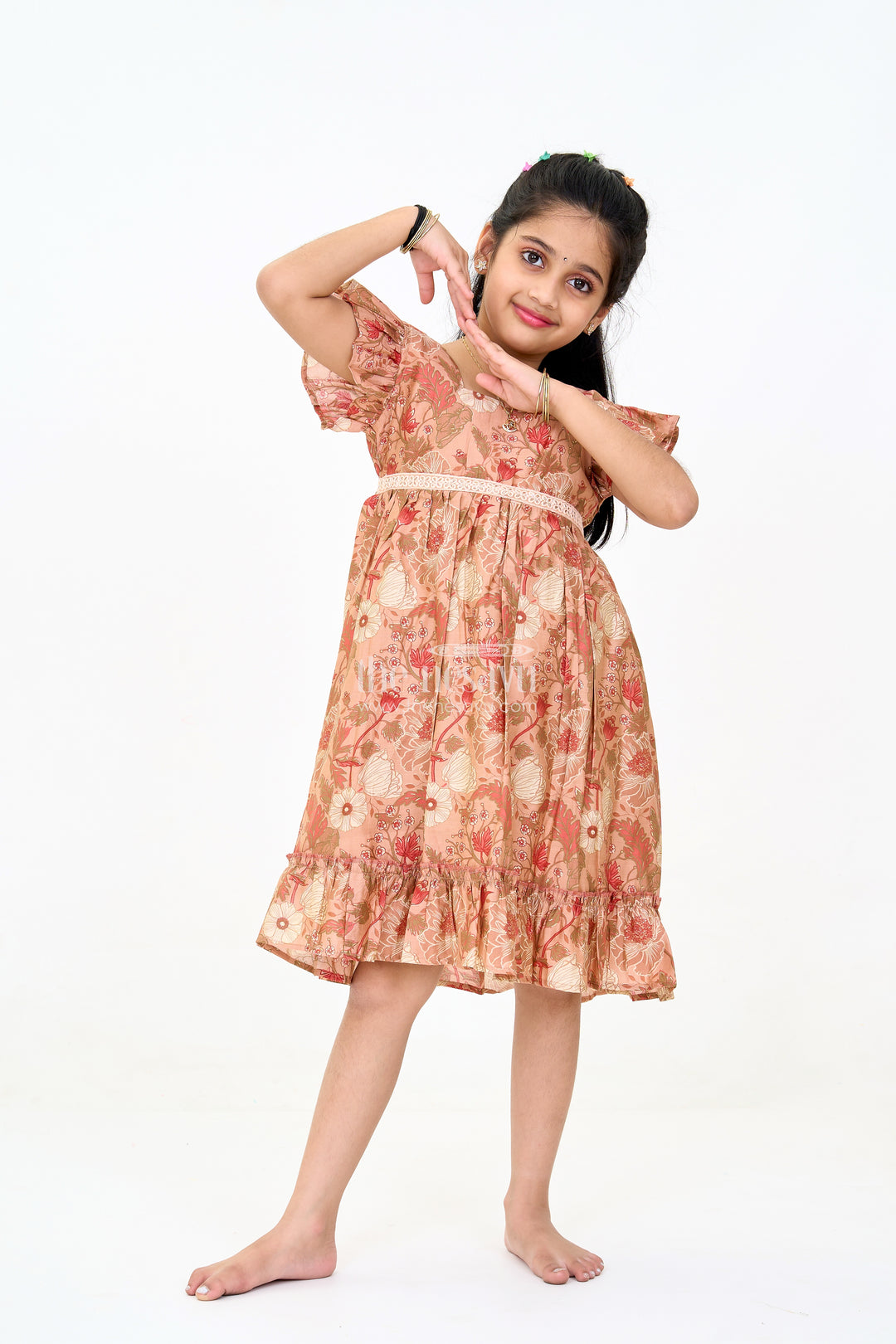 Frills Frock for Girls in Warm Beige Floral Print with Lace Detailing