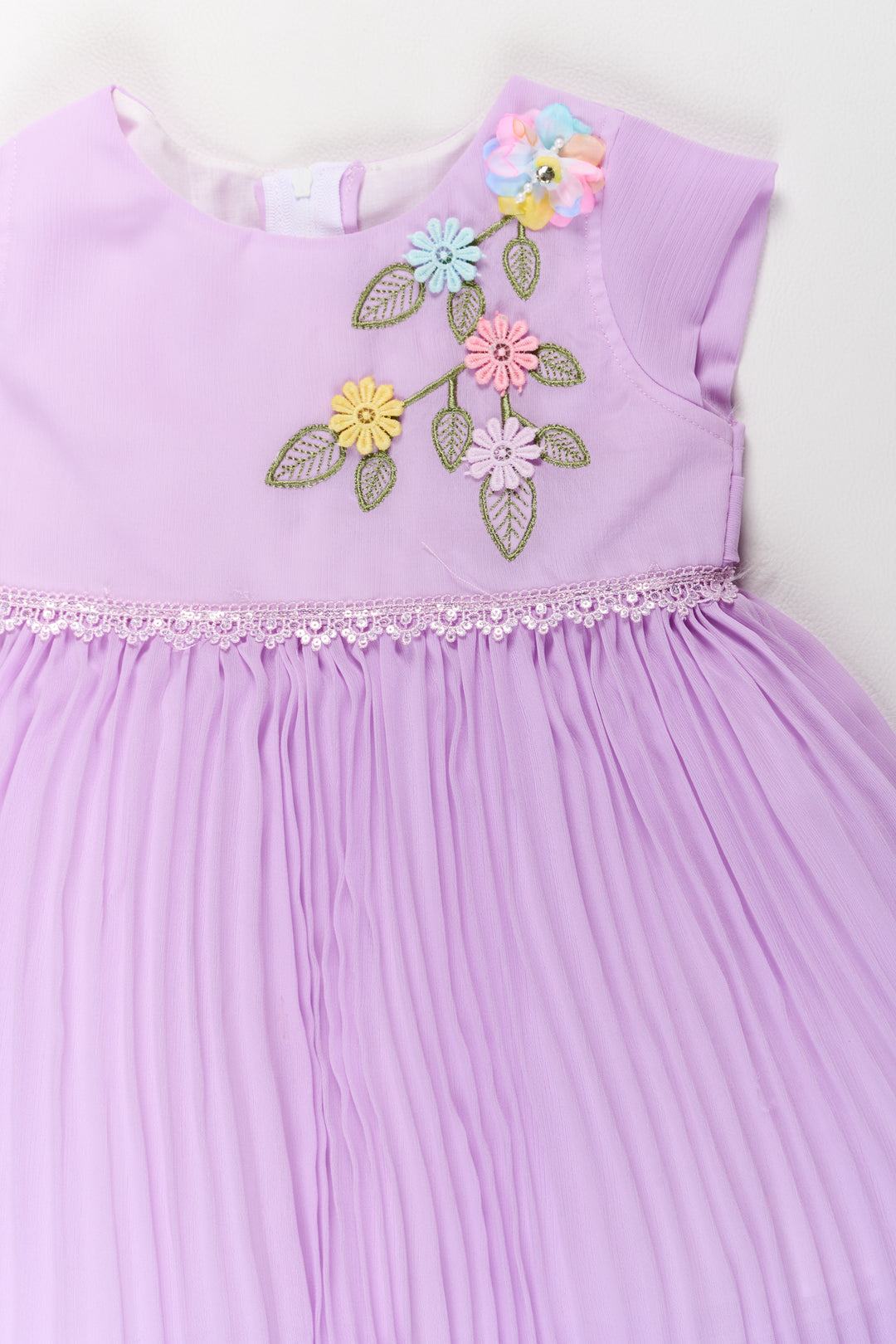 Girls Poly Georgette Fancy Party Frock in Lavender with Floral Appliqué