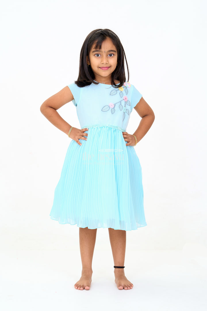 Girls Poly Georgette Frock in Aqua Blue with Floral Appliqué and Pleated Skirt