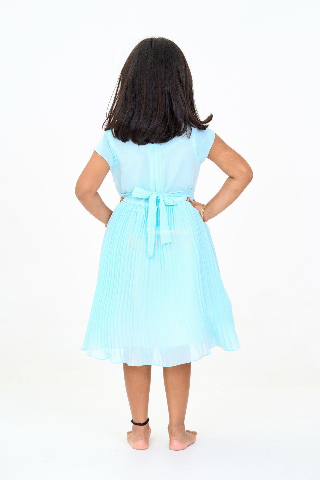 Girls Poly Georgette Frock in Aqua Blue with Floral Appliqué and Pleated Skirt