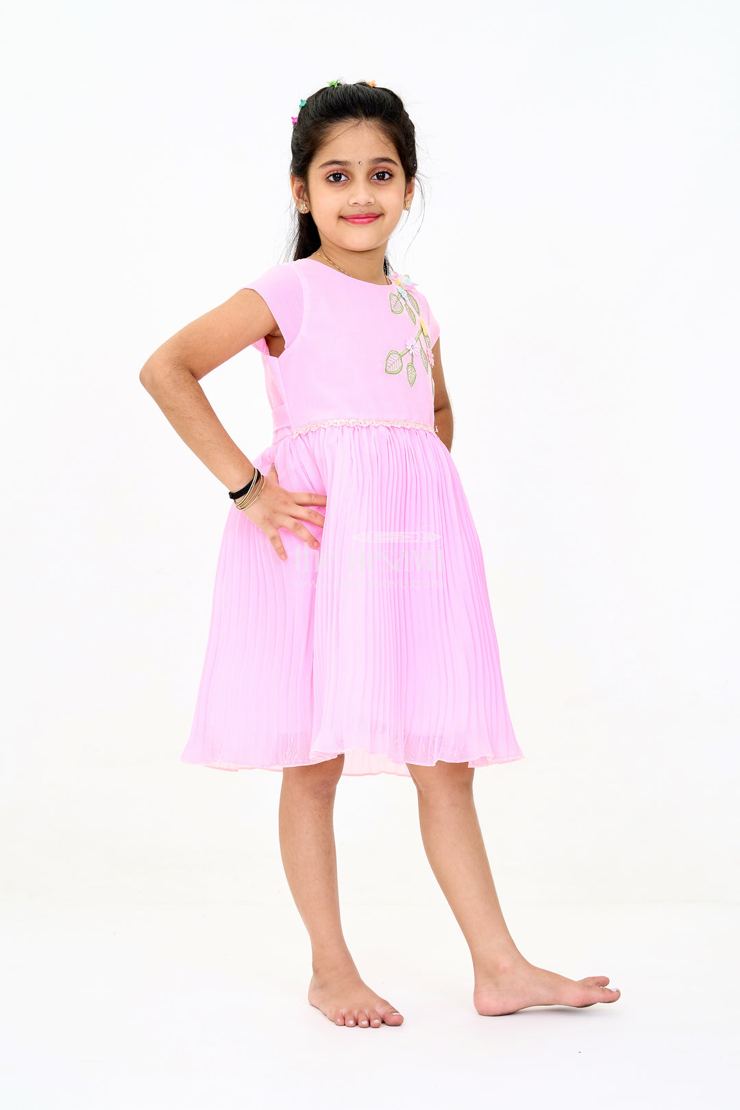 Girls Poly Georgette Party Frock in Baby Pink with Floral Embellishments and Lace Waist