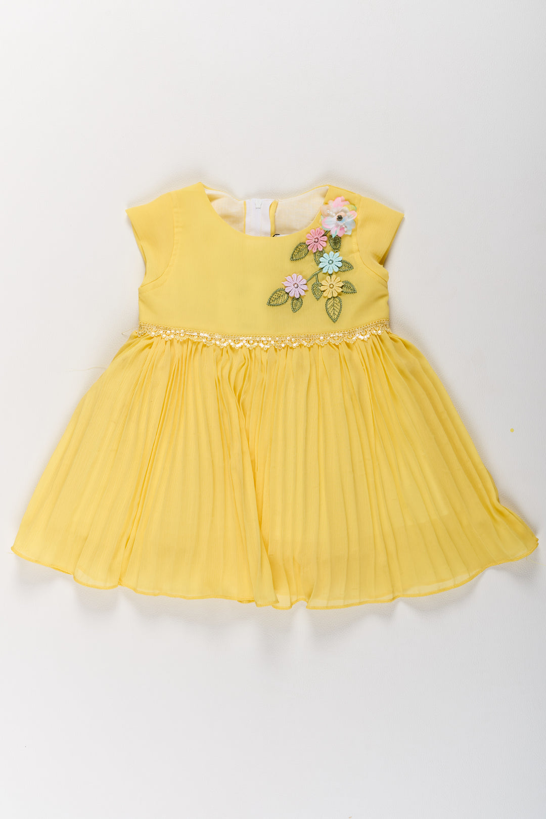 Girls Poly Georgette Frock in Sunshine Yellow with Floral Embellishments and Pleats