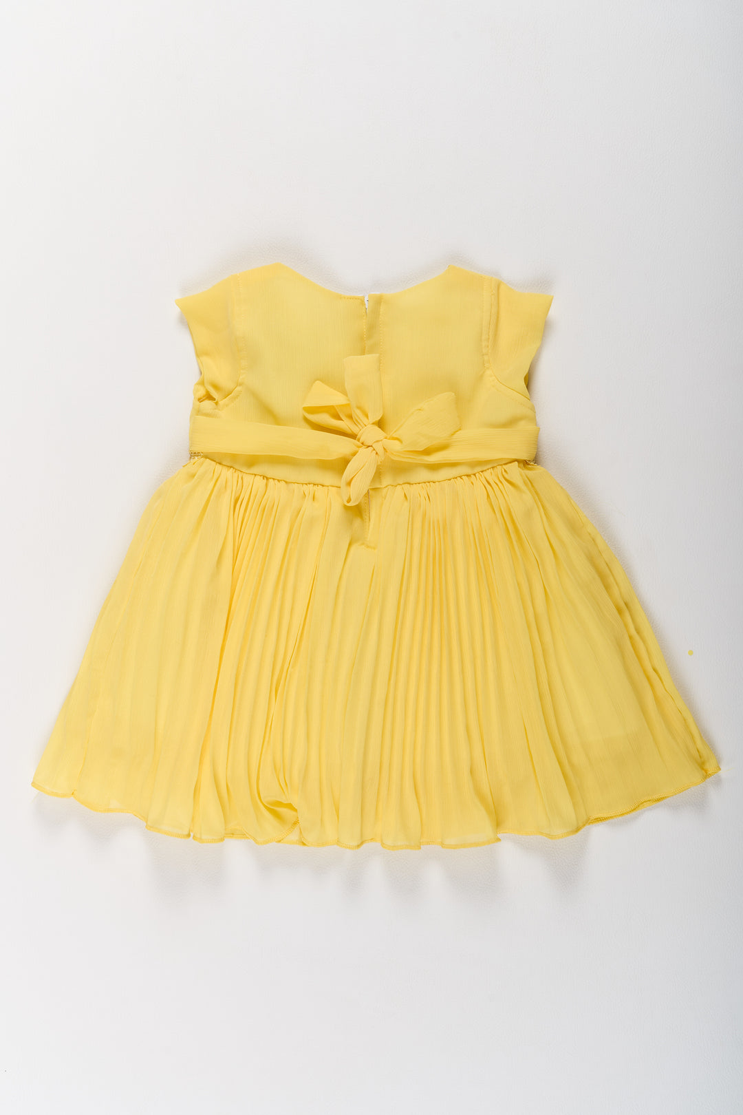 Girls Poly Georgette Frock in Sunshine Yellow with Floral Embellishments and Pleats