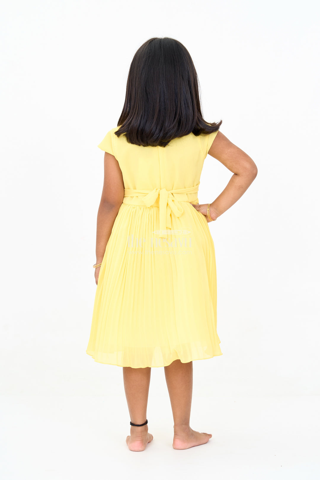 Girls Poly Georgette Frock in Sunshine Yellow with Floral Embellishments and Pleats