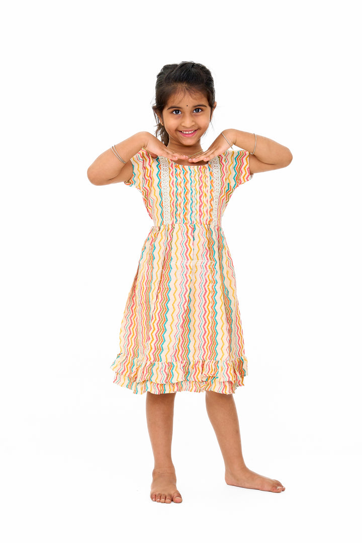 Multicolor Girls Cotton Frock with Striped Pattern and Sleeveless Design for Casual Wear