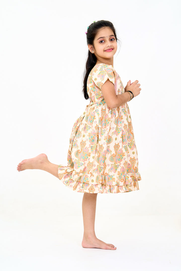 Charming Multicolor Girls Cotton Midi Frock with Floral Prints and Ruffled Hem