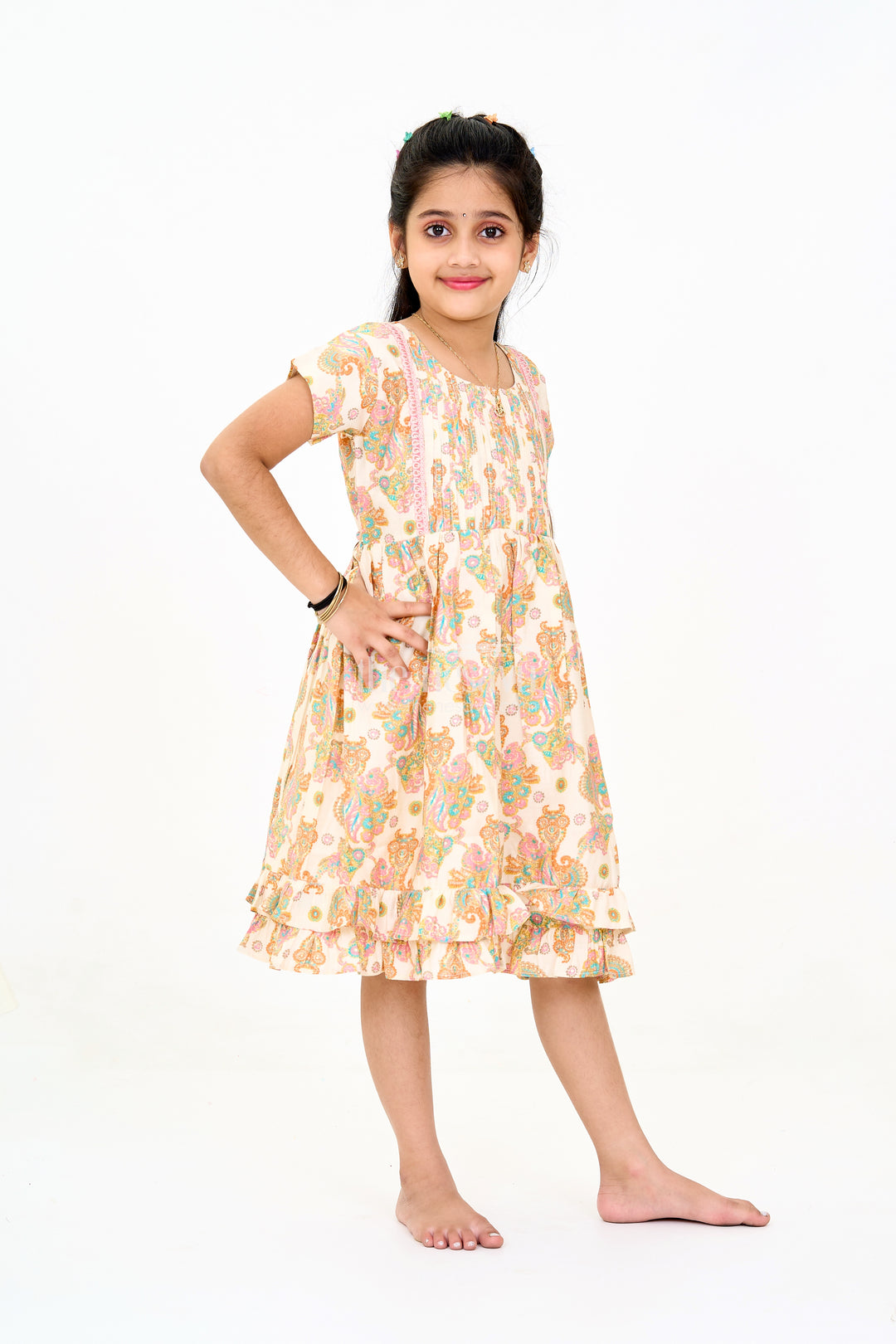 Charming Multicolor Girls Cotton Midi Frock with Floral Prints and Ruffled Hem