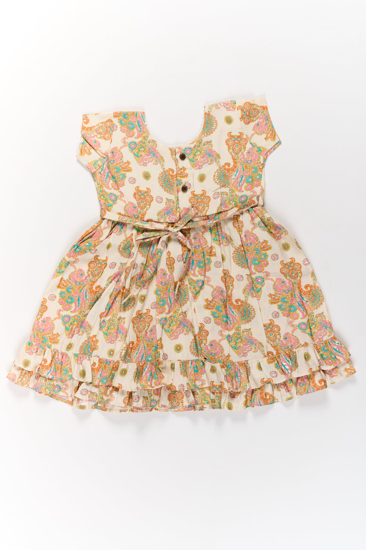 Charming Multicolor Girls Cotton Midi Frock with Floral Prints and Ruffled Hem