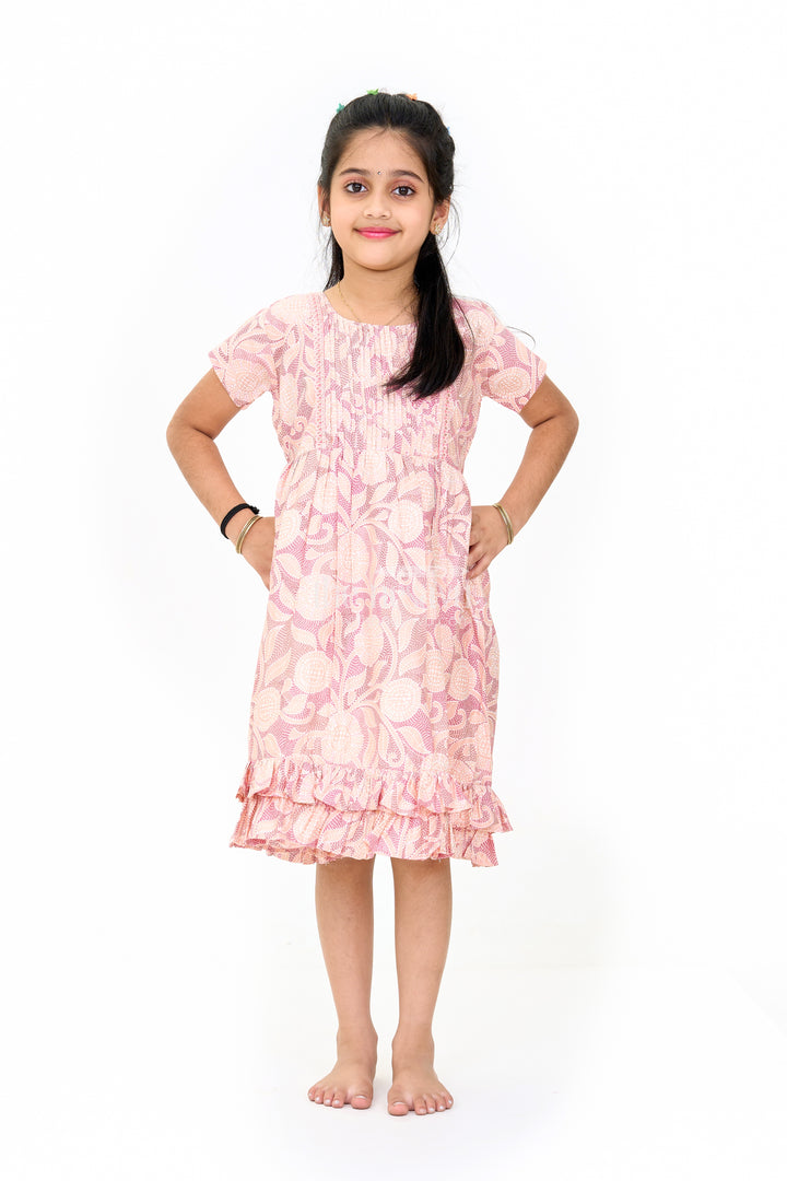 Lightweight Pink Cotton Summer Frock for Girls with Floral Print and Ruffled Sleeves