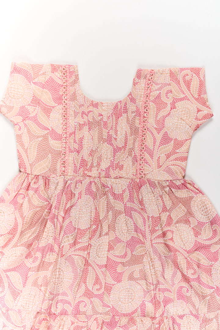 Lightweight Pink Cotton Summer Frock for Girls with Floral Print and Ruffled Sleeves