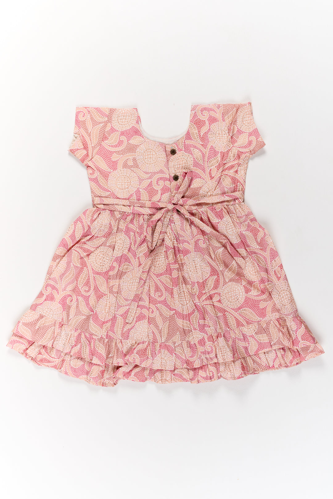 Lightweight Pink Cotton Summer Frock for Girls with Floral Print and Ruffled Sleeves