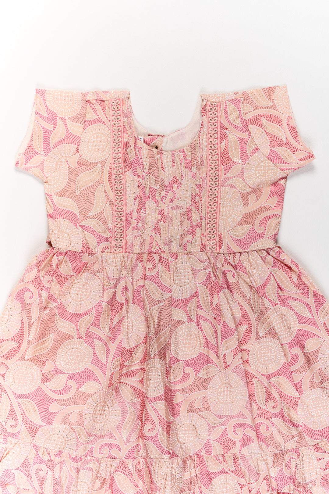 Charming Pink Cotton Girls Frock with Floral Patterns and Ruffled Sleeves for Everyday Wear