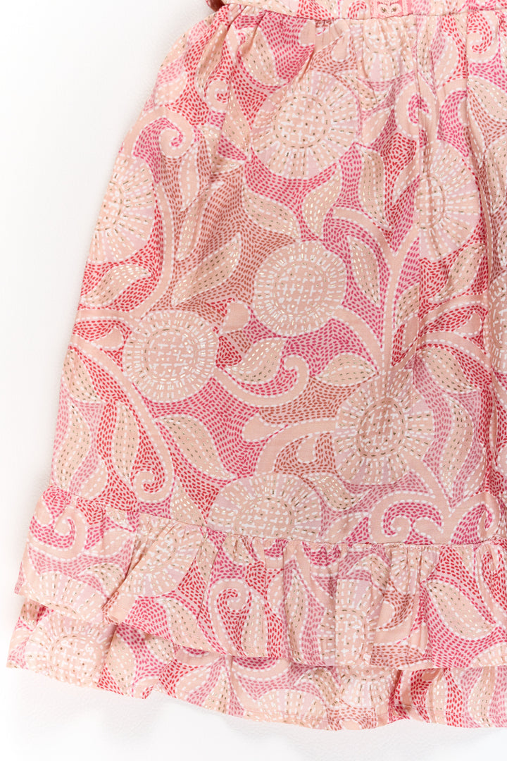 Charming Pink Cotton Girls Frock with Floral Patterns and Ruffled Sleeves for Everyday Wear