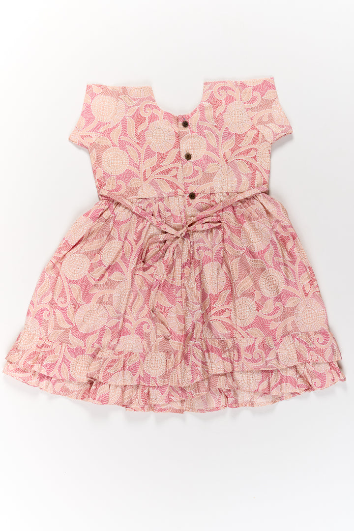 Charming Pink Cotton Girls Frock with Floral Patterns and Ruffled Sleeves for Everyday Wear