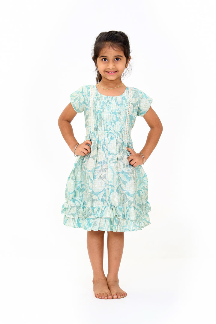 Elegant Green Cotton Designer Frock for Girls with Floral Prints and Frill Details