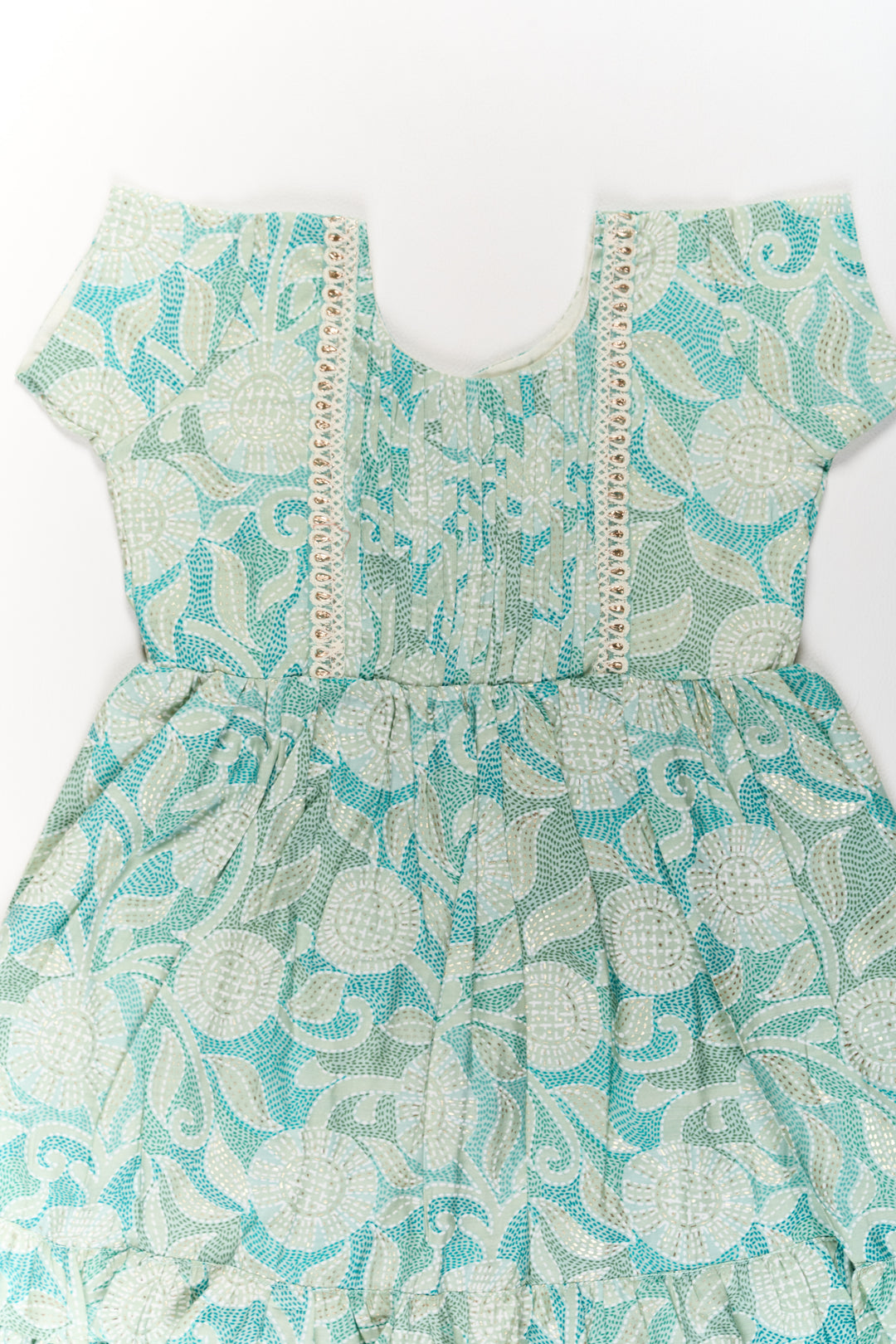 Elegant Green Cotton Designer Frock for Girls with Floral Prints and Frill Details