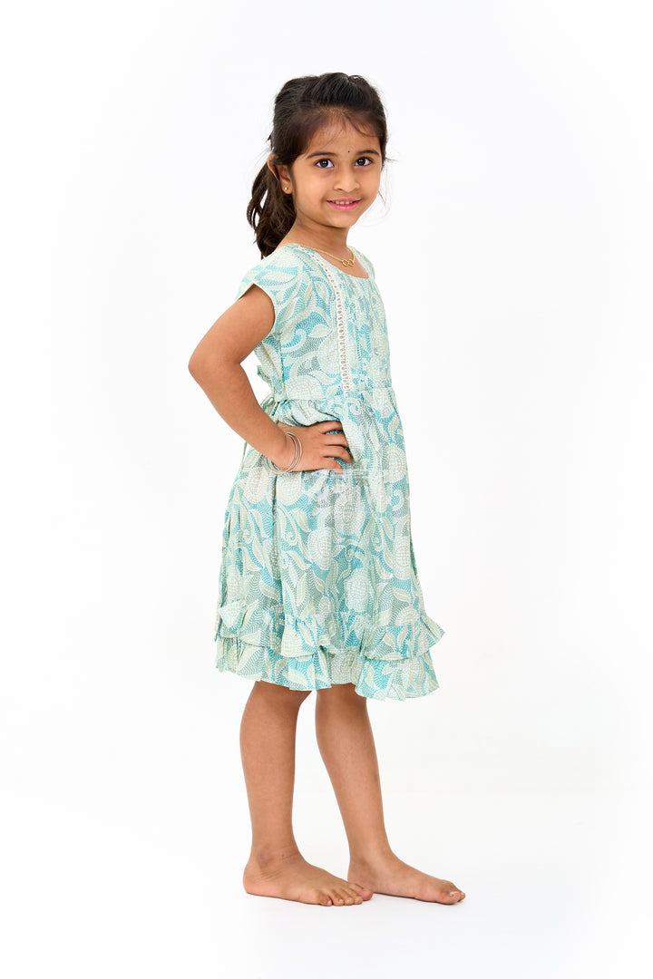 Elegant Green Cotton Designer Frock for Girls with Floral Prints and Frill Details