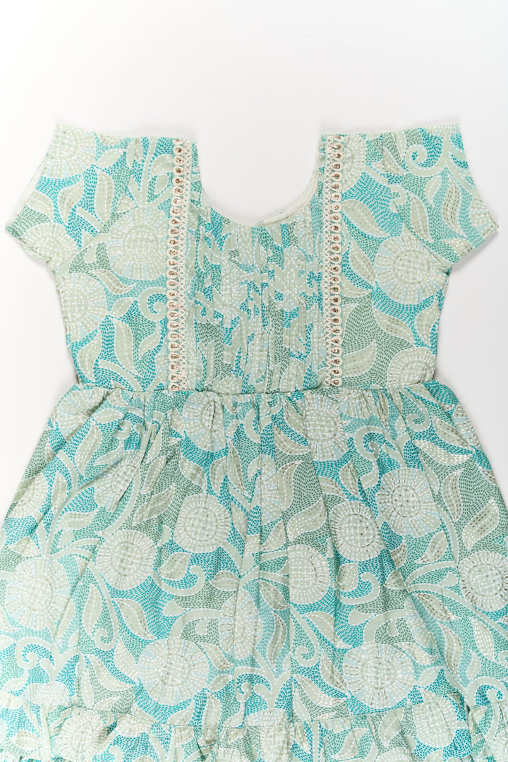 Elegant Green Cotton Designer Frock for Girls with Floral Prints and Frill Details