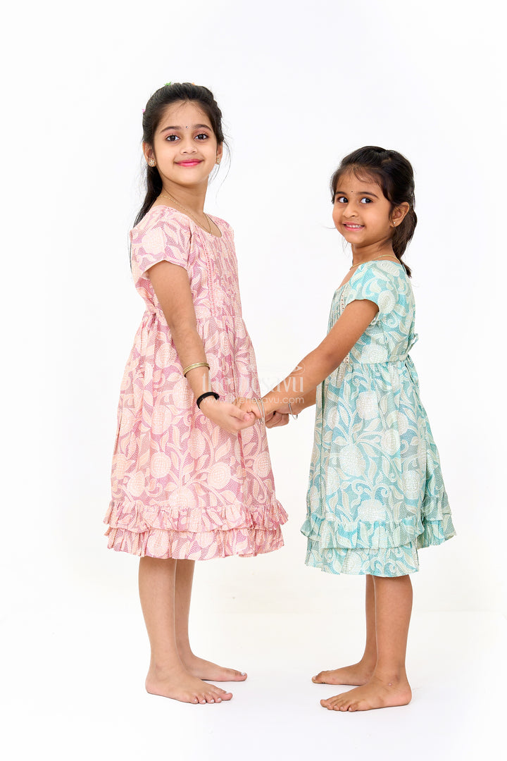 Elegant Green Cotton Designer Frock for Girls with Floral Prints and Frill Details