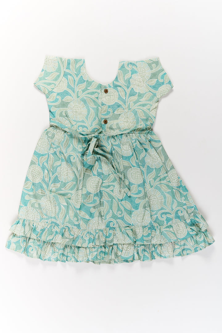 Elegant Green Cotton Designer Frock for Girls with Floral Prints and Frill Details