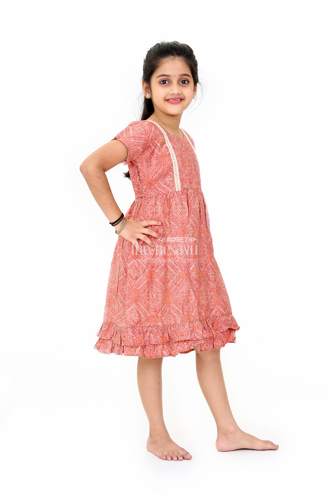 Charming Red Cotton Mini Frock for Girls with Delicate Prints and Flared Hem