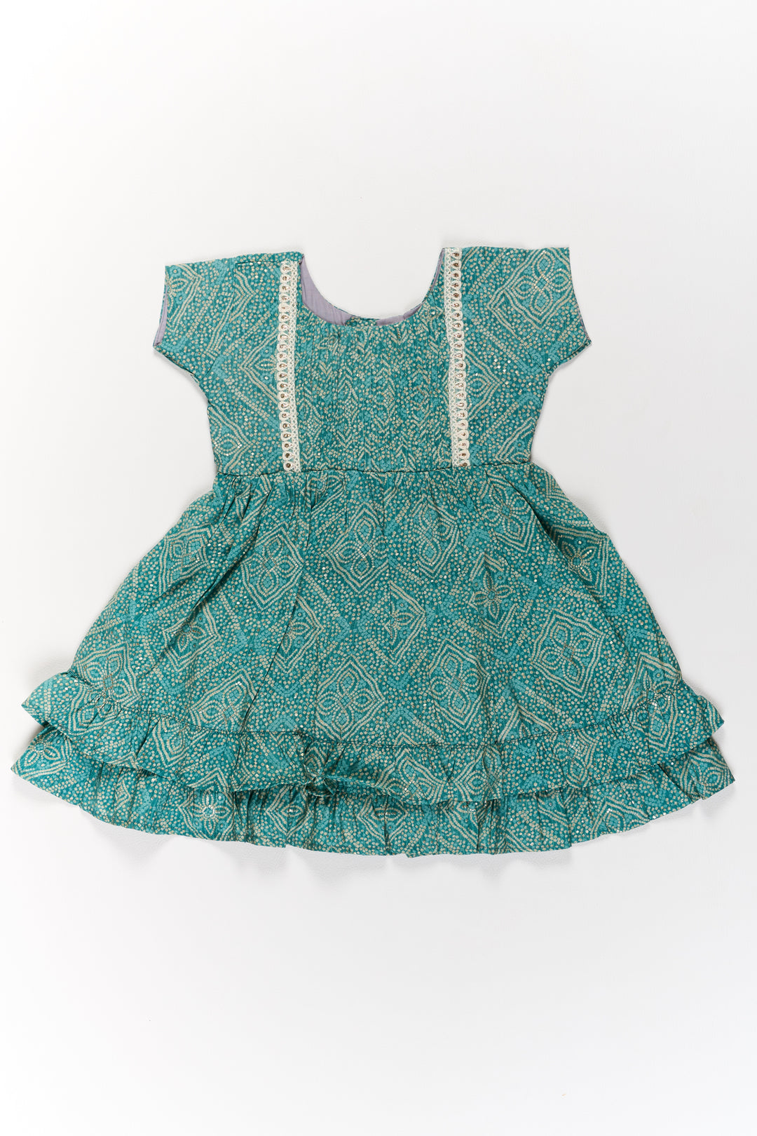 Elegant Green Cotton Girls Frock with Floral Print and Lace Detailing for Casual Wear