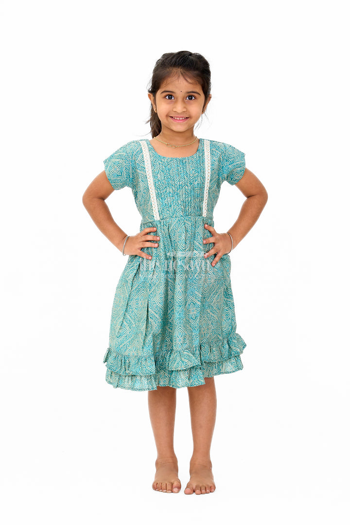 Elegant Green Cotton Girls Frock with Floral Print and Lace Detailing for Casual Wear