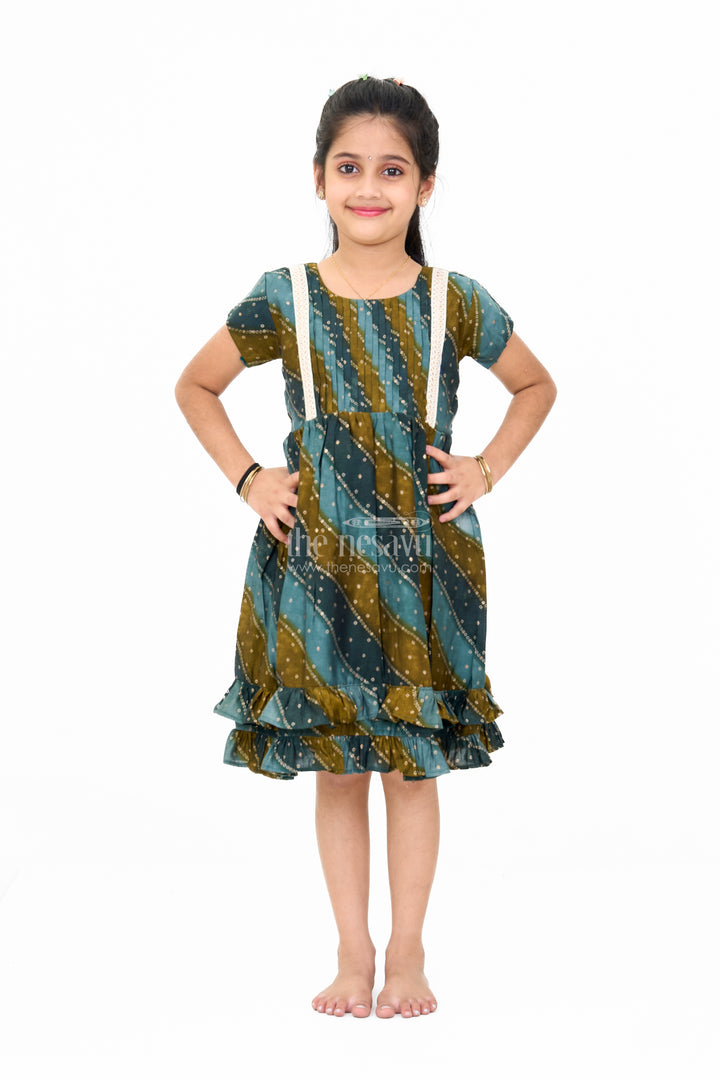 Stylish Green Cotton Aesthetic Frock for Girls with Layered Design and Gold Accents