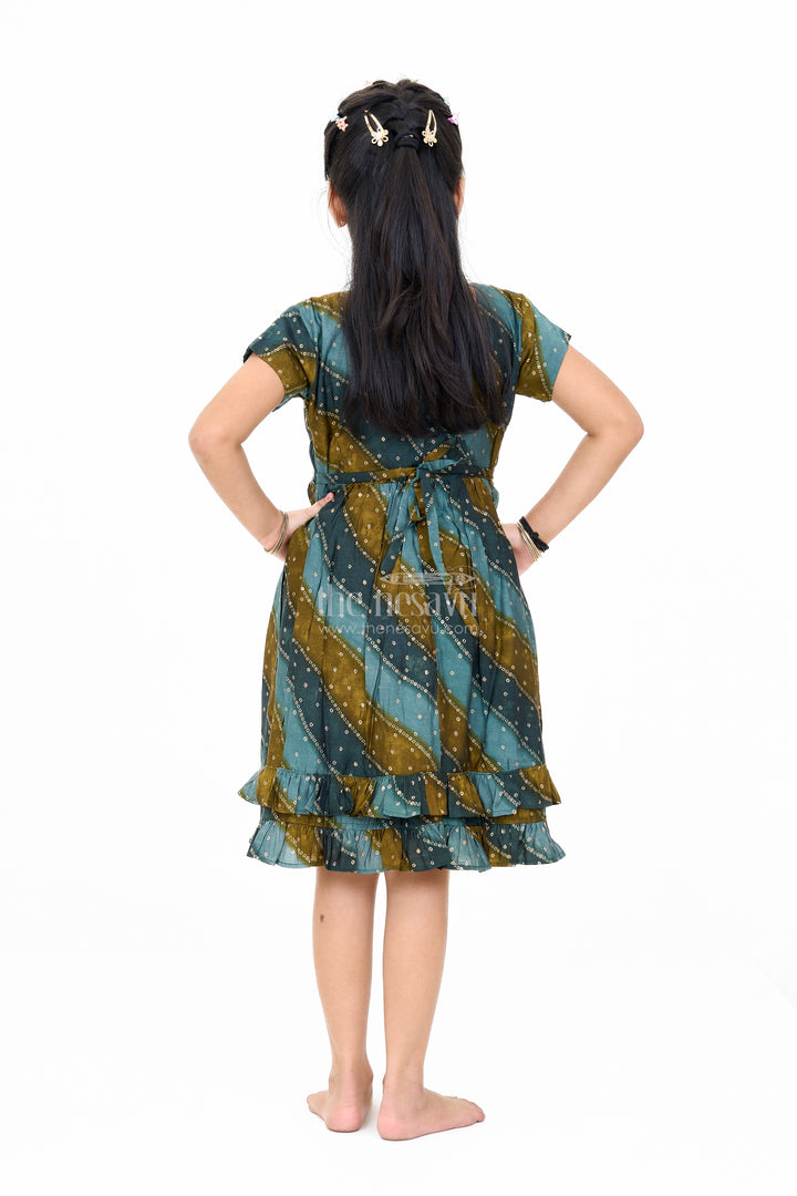 Stylish Green Cotton Aesthetic Frock for Girls with Layered Design and Gold Accents