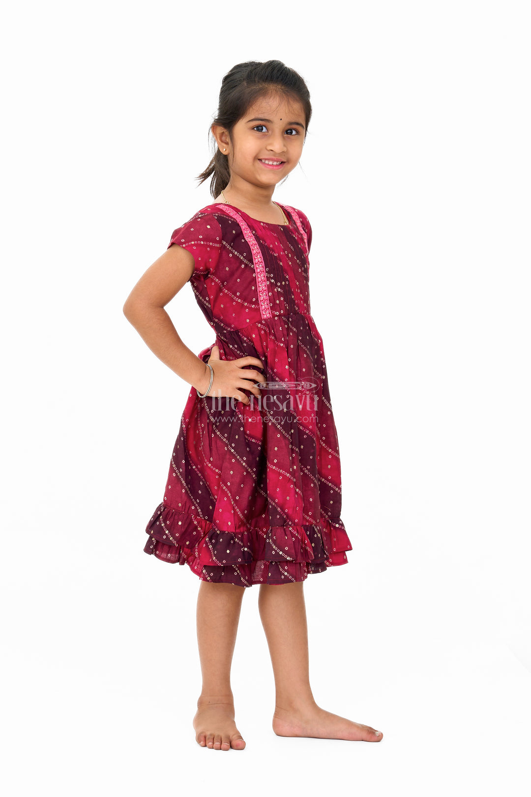 Stylish Pink Cotton Girls Frock with Bandhani Print and Layered Ruffle Hem