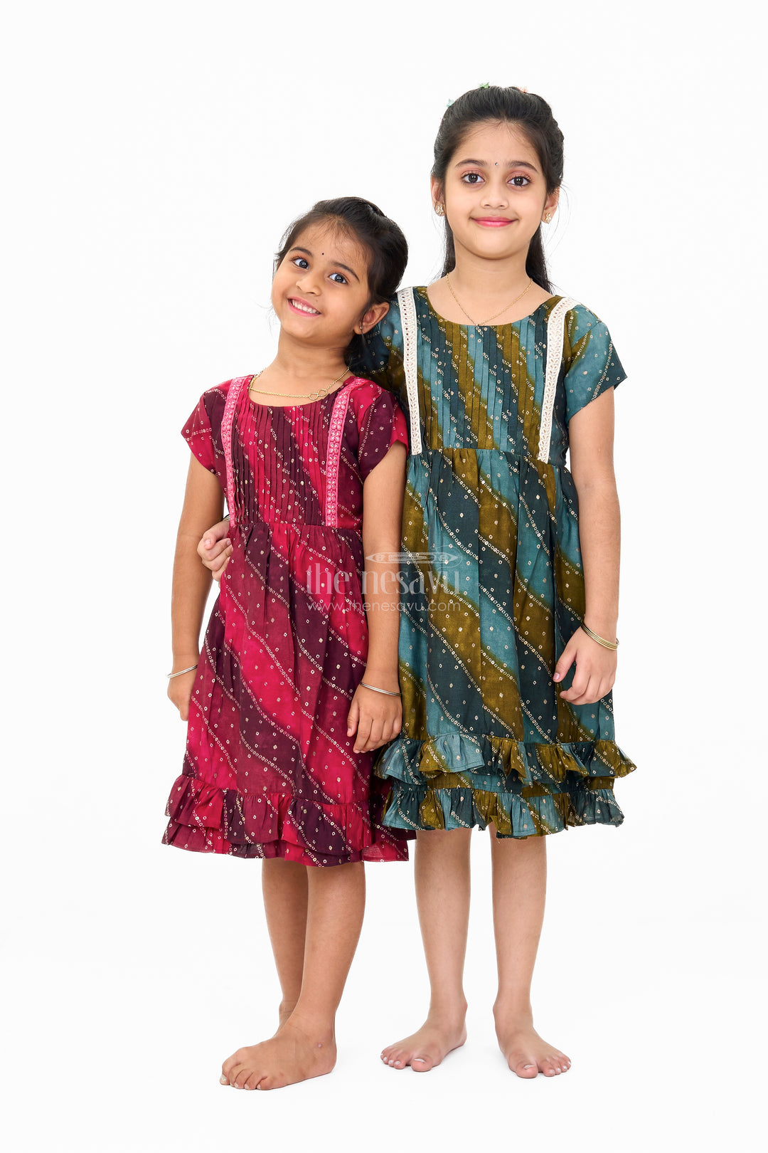 Stylish Pink Cotton Girls Frock with Bandhani Print and Layered Ruffle Hem