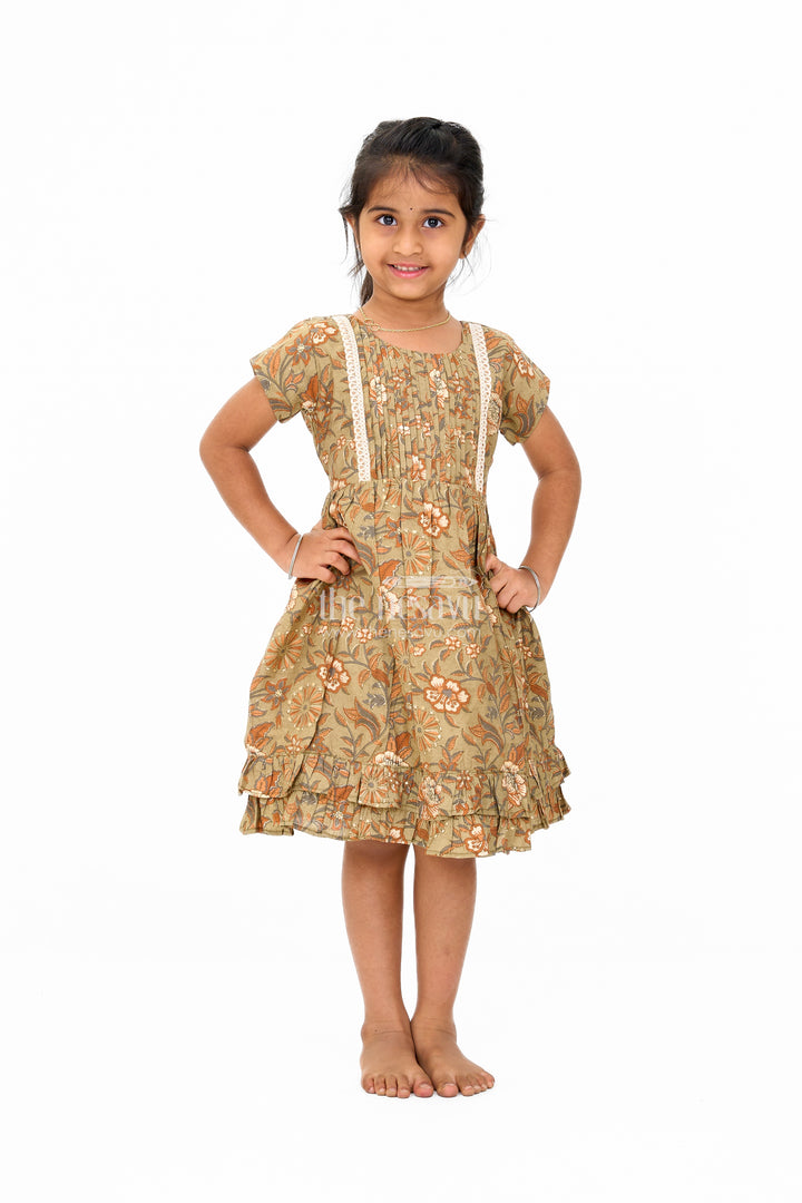 Elegant Green Cotton Party Wear Frock for Girls with Floral Prints and Ruffle Hem