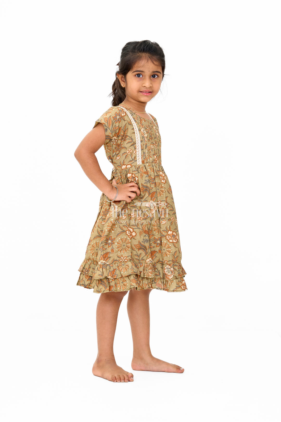 Elegant Green Cotton Party Wear Frock for Girls with Floral Prints and Ruffle Hem