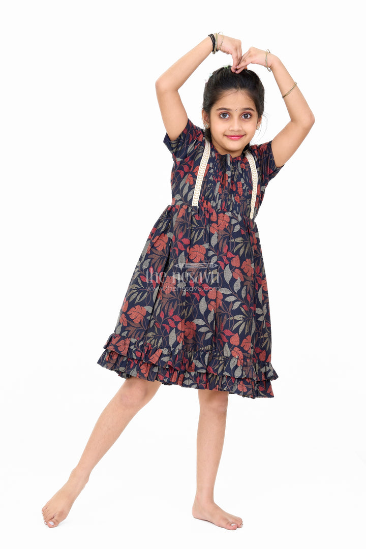 Charming Black Cotton Party Frock for Girls with Elegant Leaf Print and Frill Hem