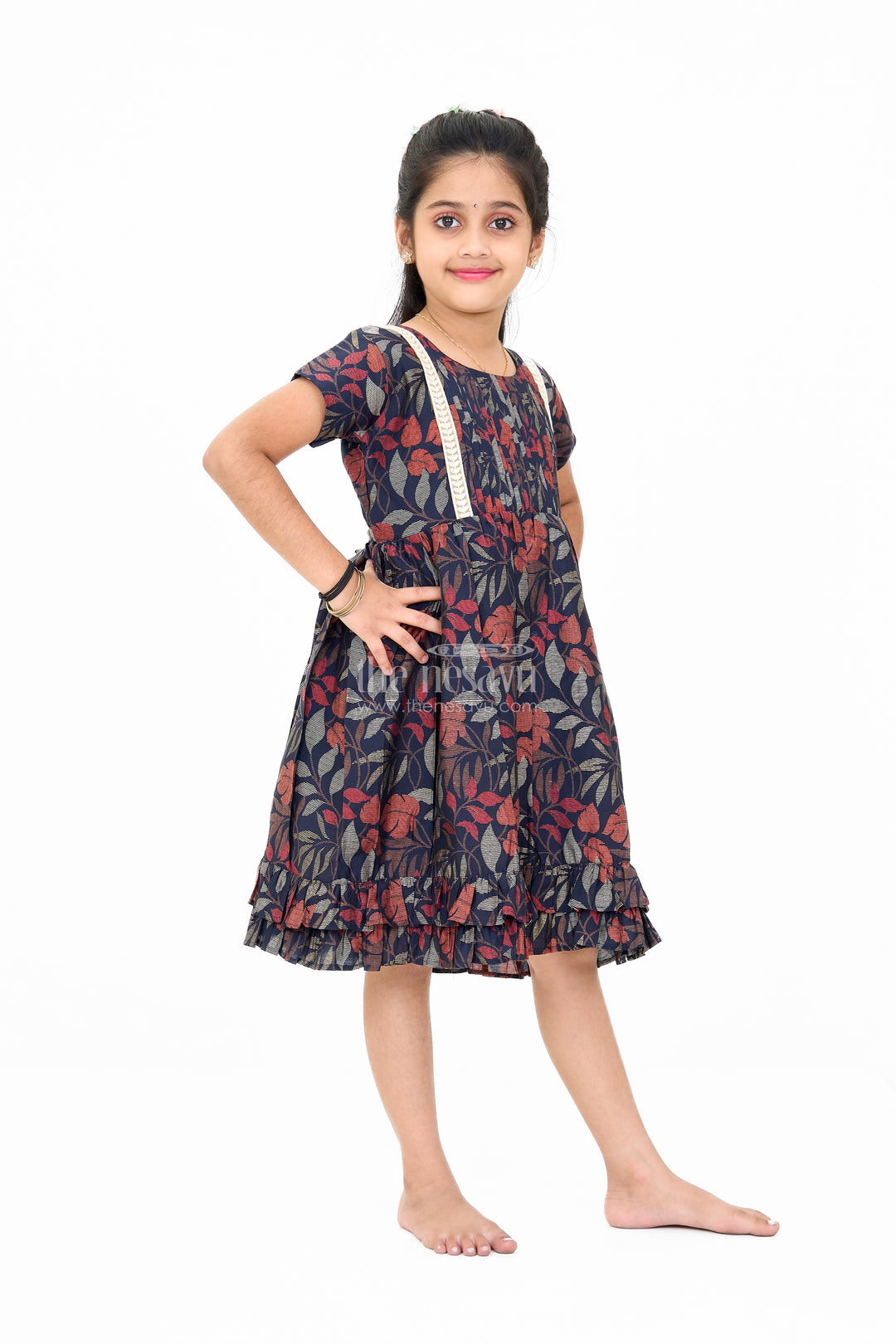 Charming Black Cotton Party Frock for Girls with Elegant Leaf Print and Frill Hem