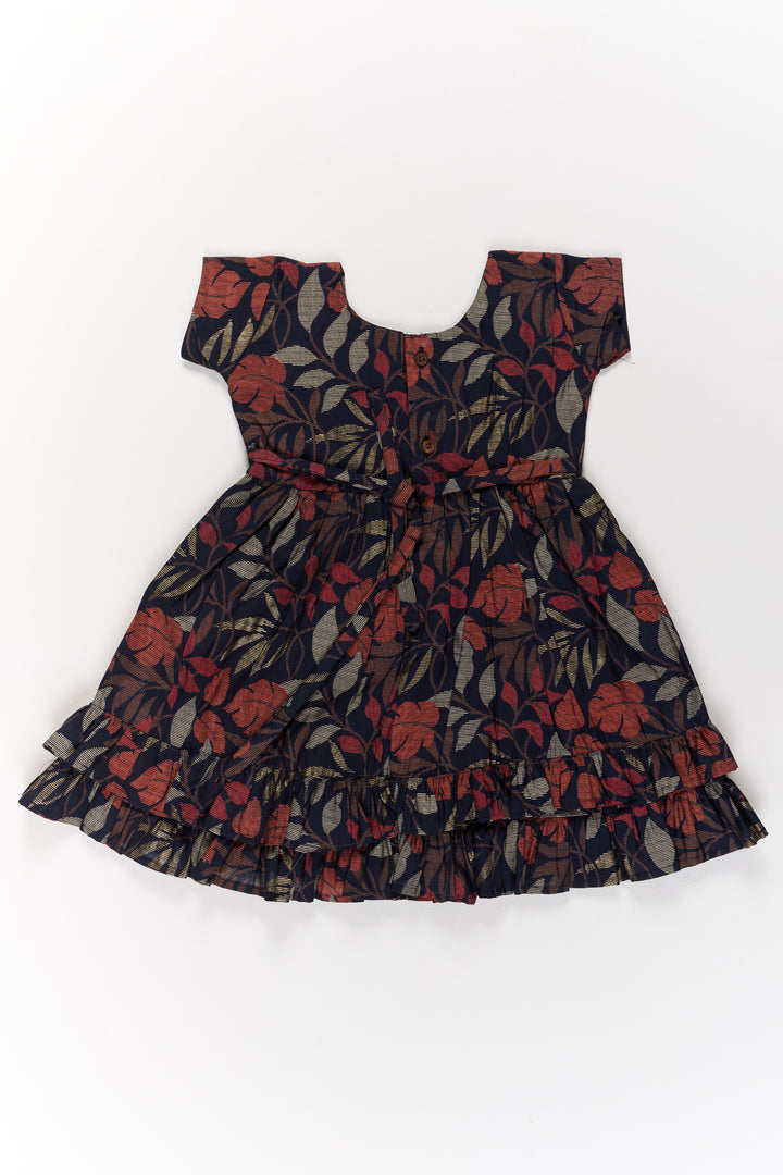 Charming Black Cotton Party Frock for Girls with Elegant Leaf Print and Frill Hem