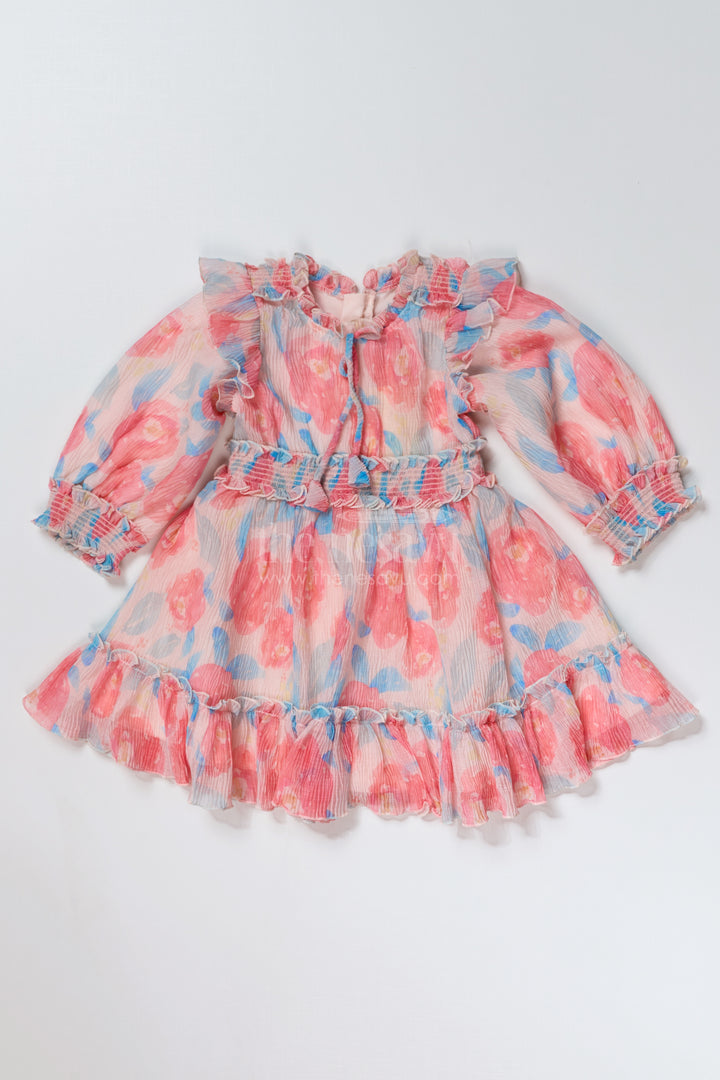 Girls Beautiful Cotton Frock with Floral Printed Pleated Organza and Ruffle Details