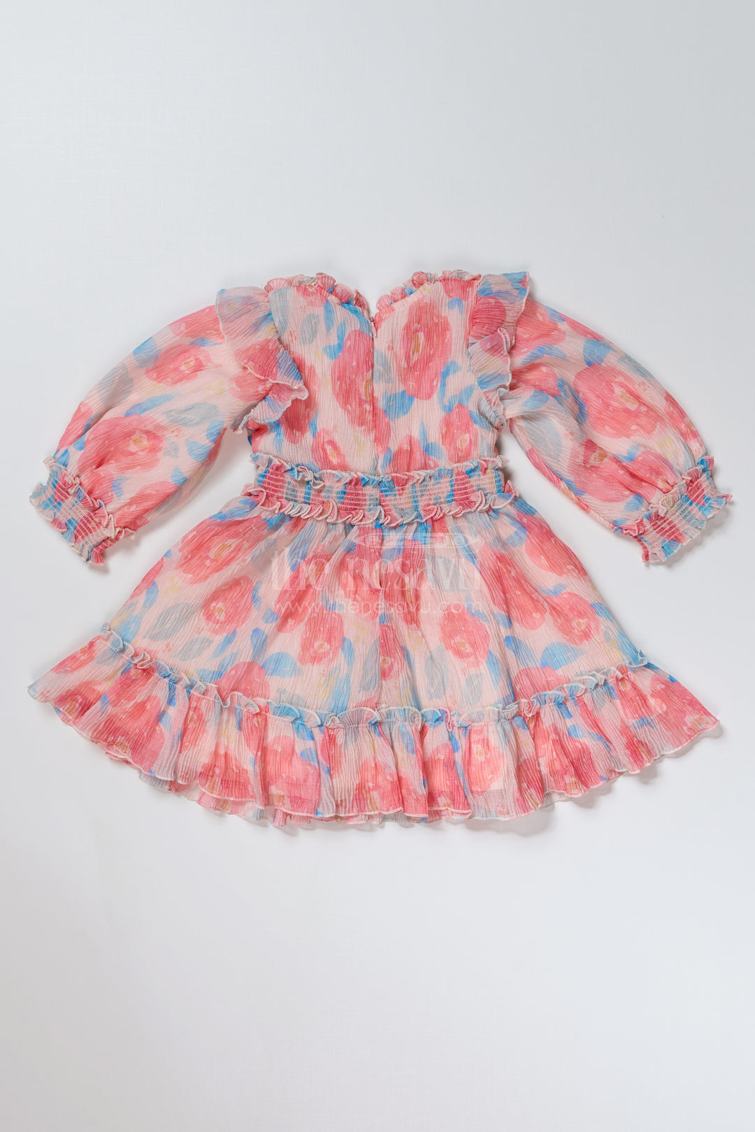 Girls Beautiful Cotton Frock with Floral Printed Pleated Organza and Ruffle Details