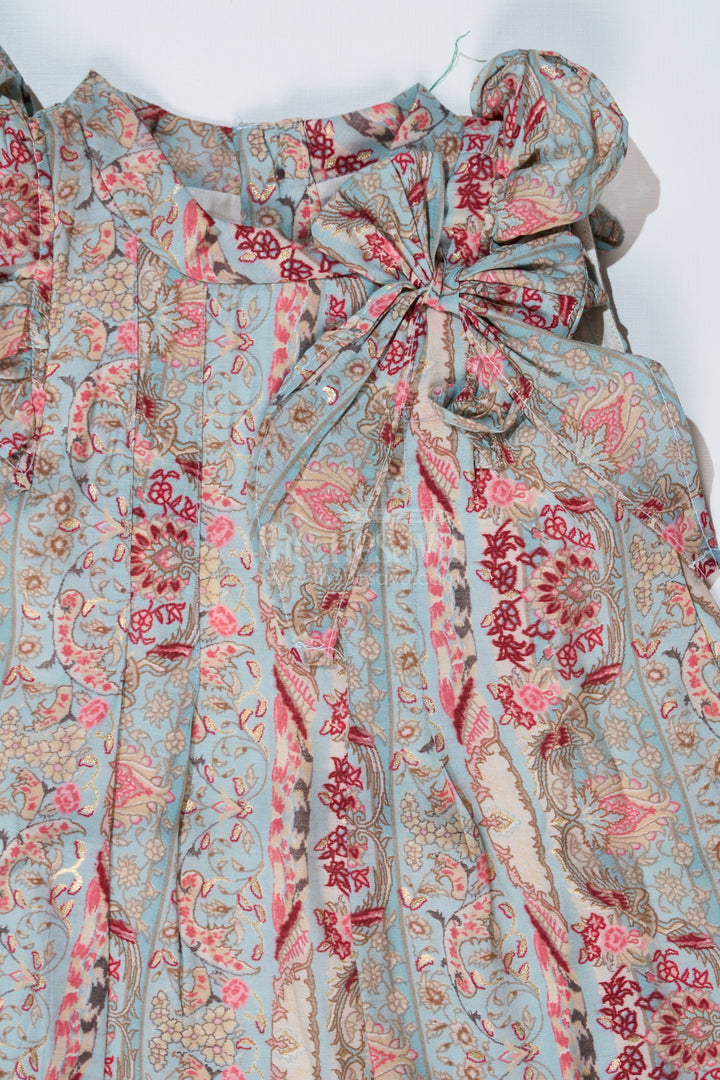 Girls Latest Frock in Muslin Silk with Intricate Print and Decorative Bow