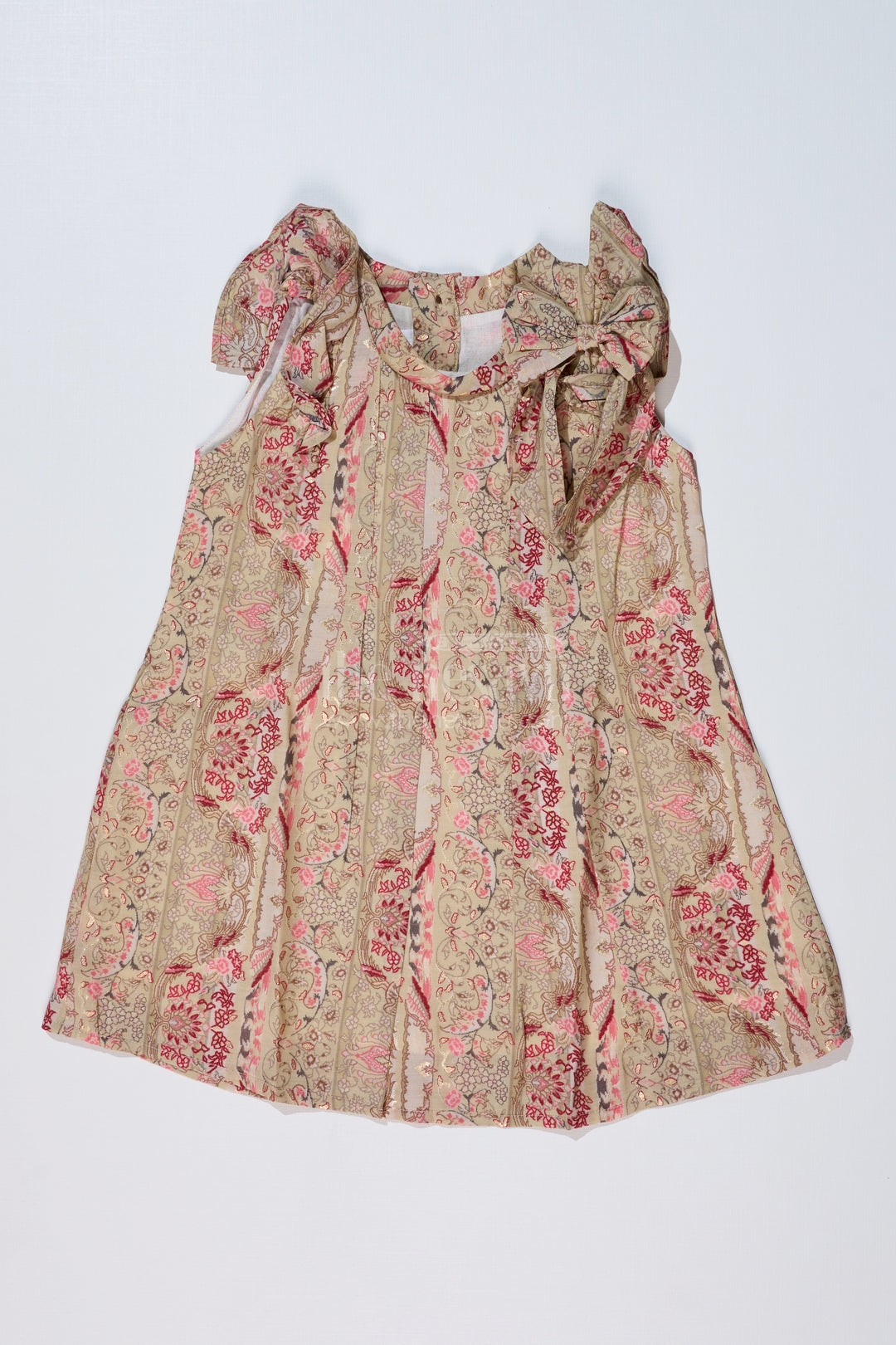 Girls Normal Frock in Muslin Silk with Floral Embellishment and Shoulder Bow